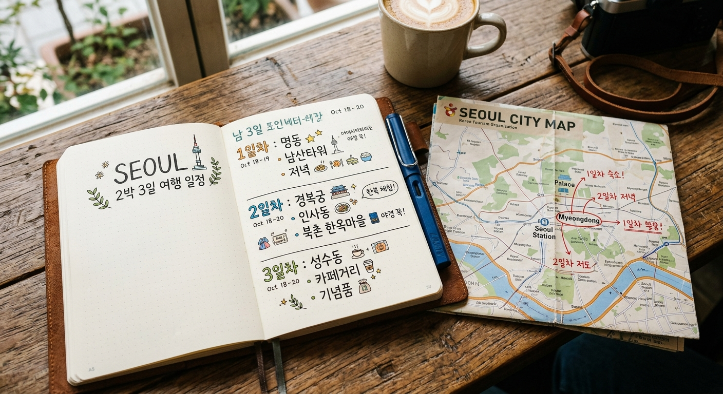 A hand-marked 3-day itinerary in a diary next to a map