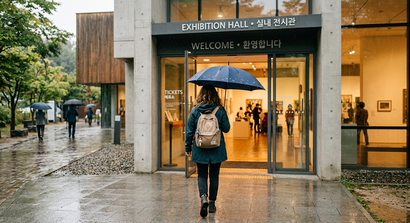 A traveler seen from behind, walking under an umbrella into an indoor exhibition hall entrance