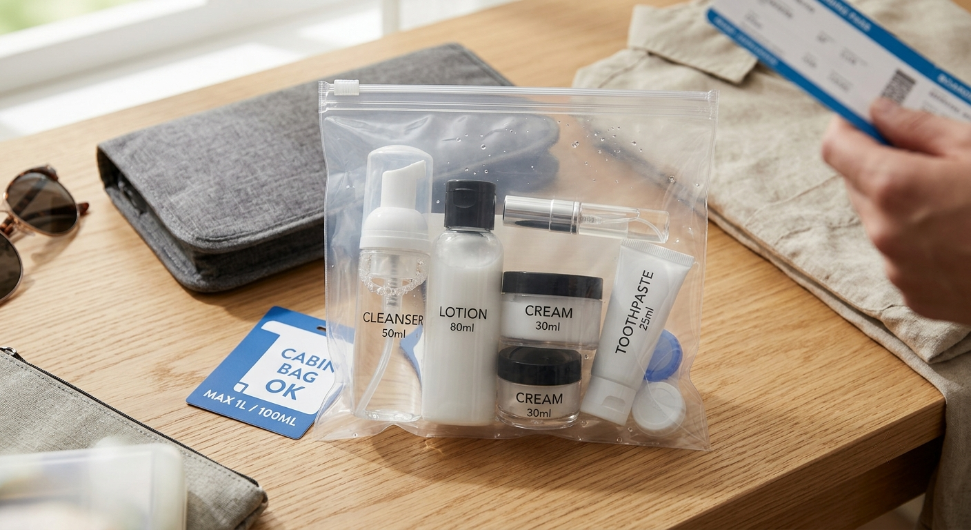 Cosmetic containers of 100ml or less packed into a 1-liter clear resealable bag for carry-on