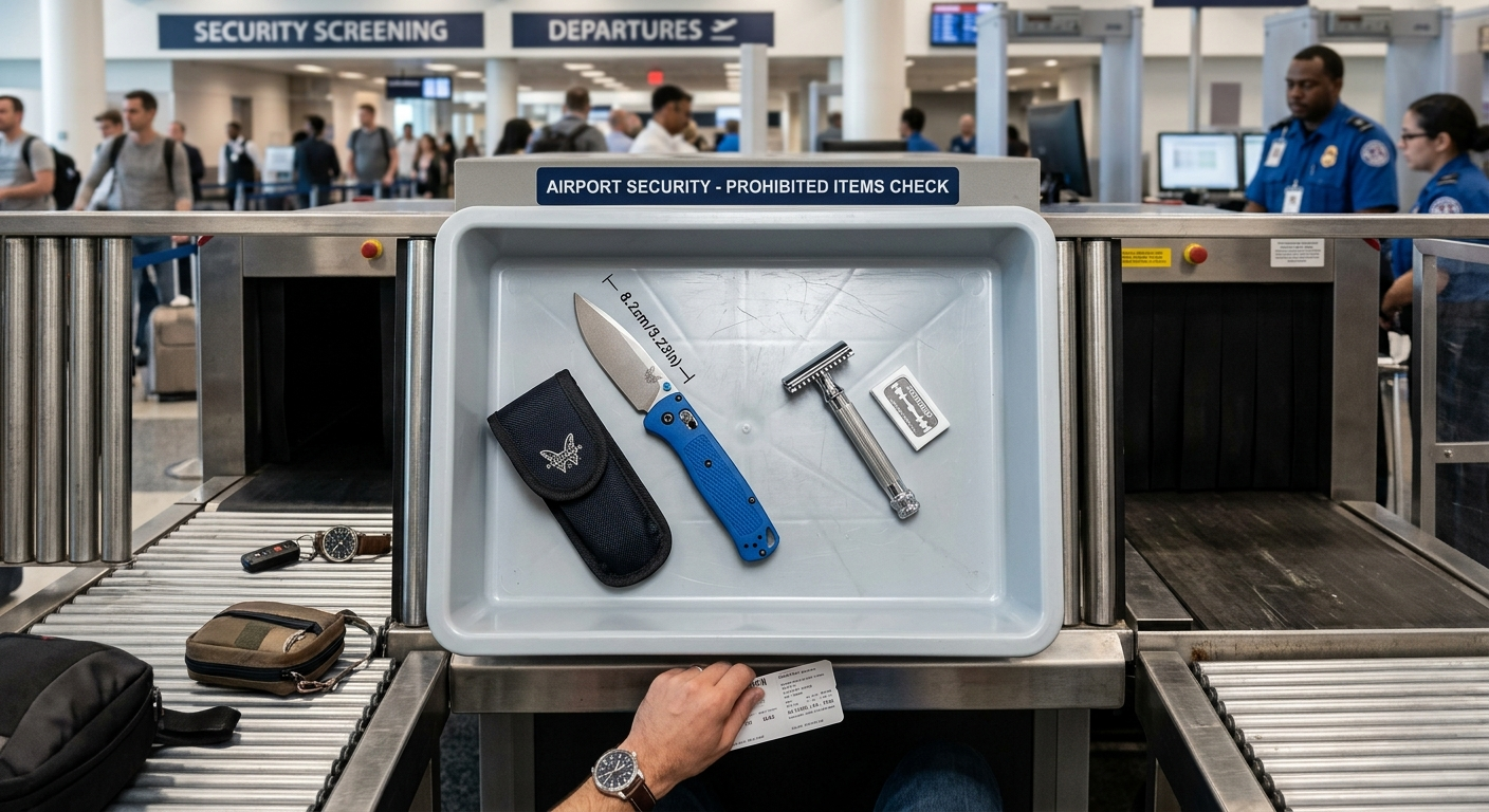 A hiking knife and a safety razor side by side in an X-ray security tray