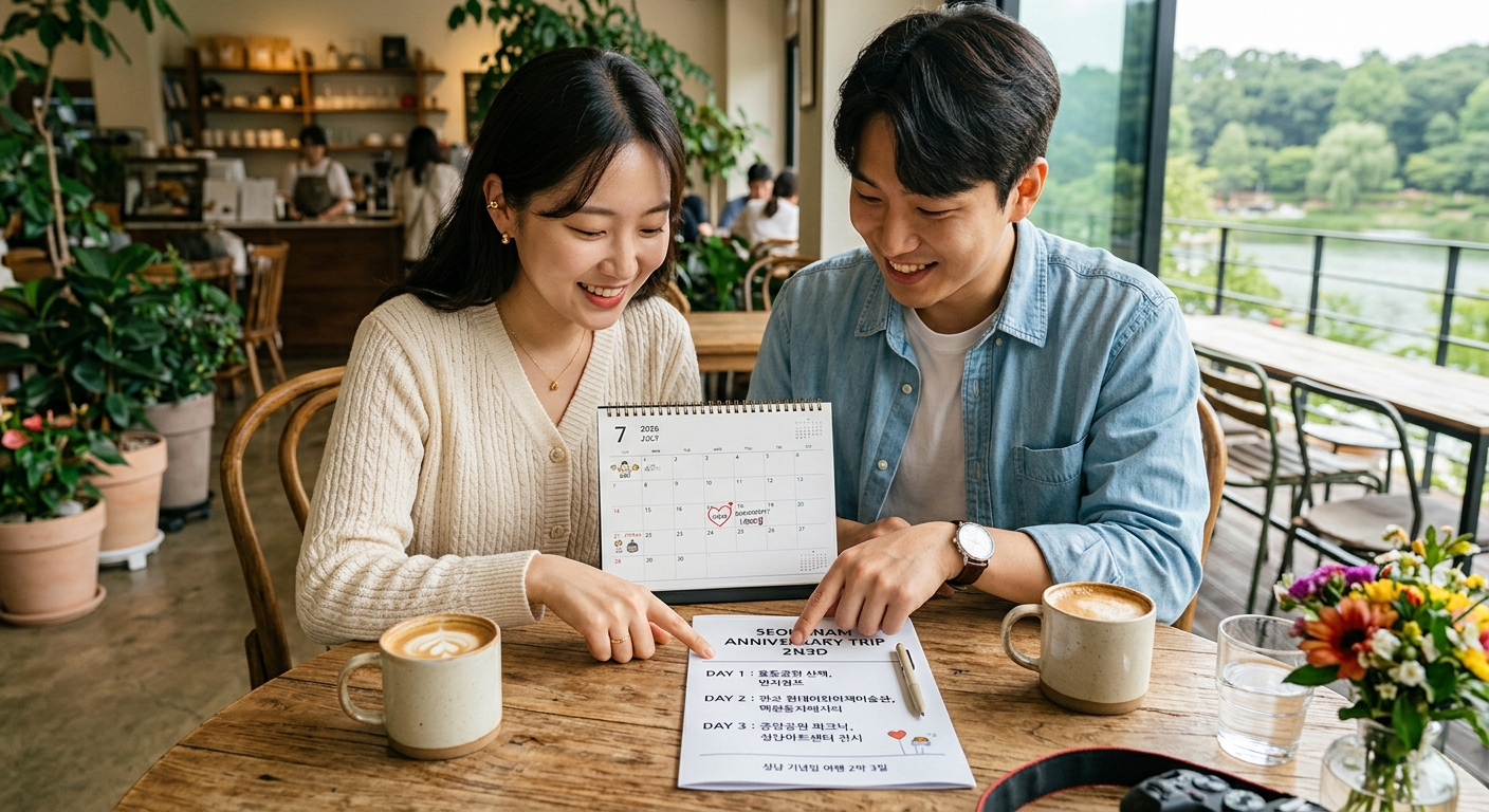 A couple at a café table at their destination looking over a calendar marked with their anniversary date alongside a travel itinerary