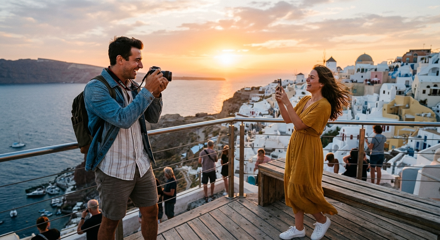 A couple taking each other's photo at a scenic overlook during sunset