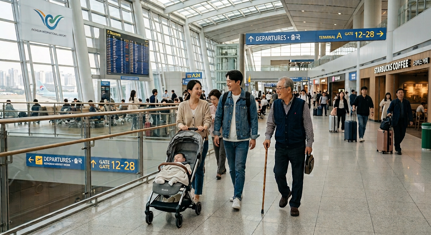 An airport lobby scene showing a parent pushing a stroller walking alongside an elderly person with a cane