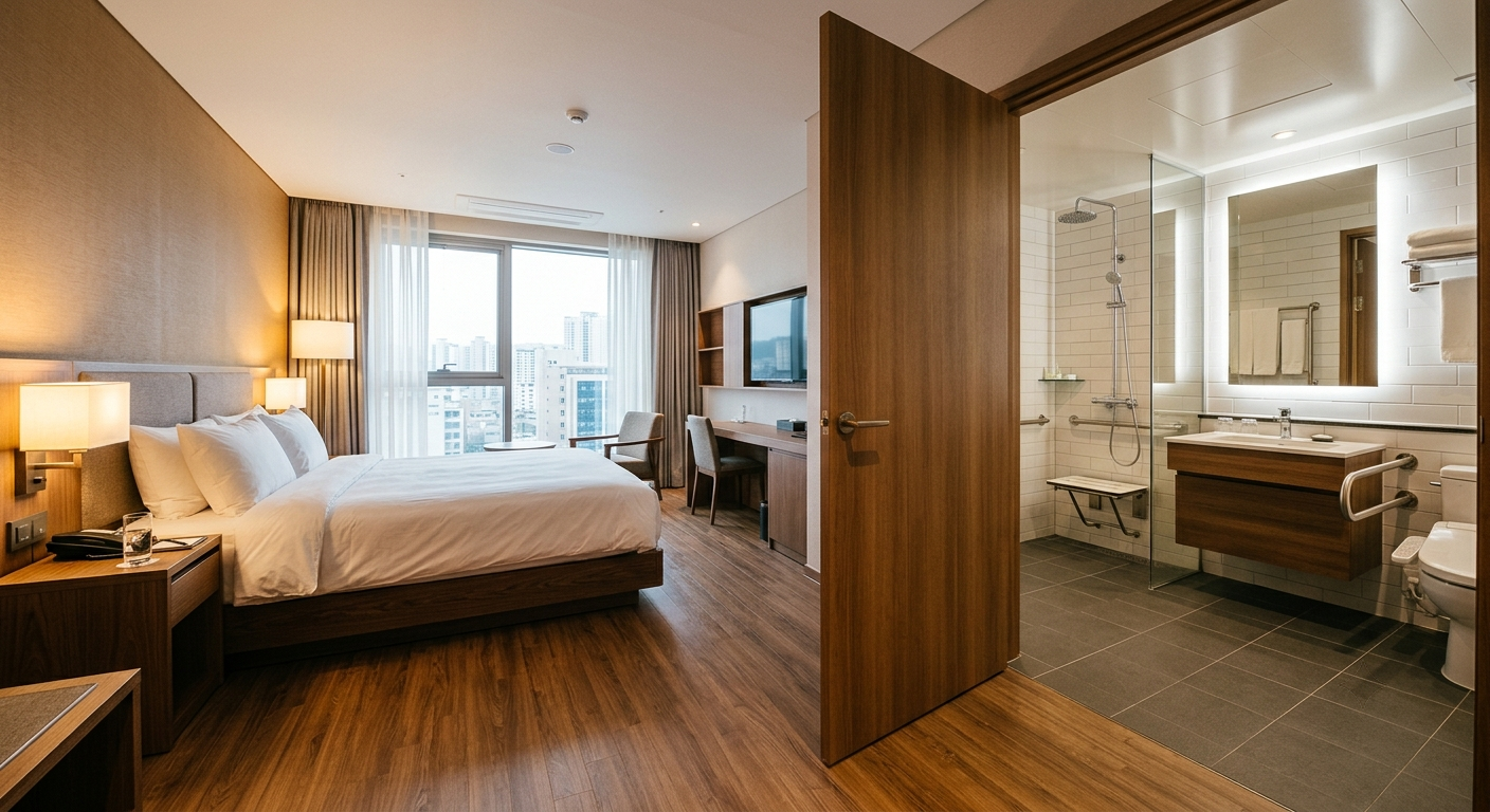 A hotel room with a Western-style bed instead of a traditional floor mat, shown alongside a threshold-free bathroom entrance