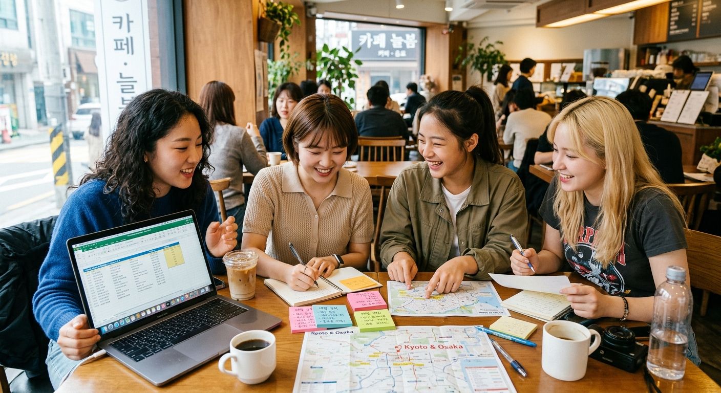Four friends gathered at a café before a trip, working out travel rules and a budget together with a laptop and notepad