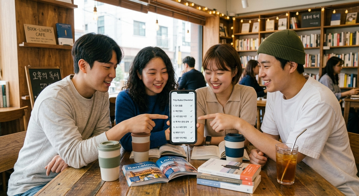 Friends sharing a phone screen showing a travel ground-rules checklist in a notes app