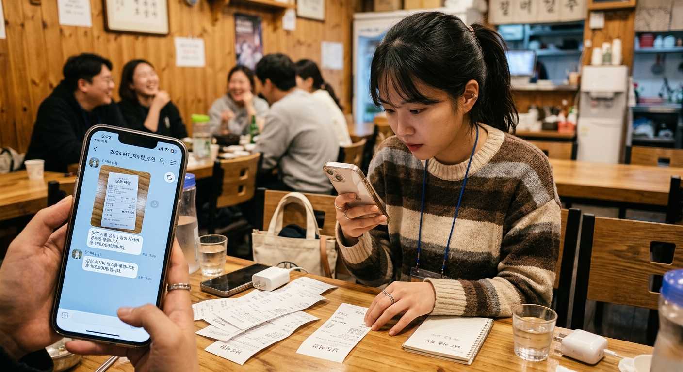 A group trip organizer photographing a receipt on their phone and posting the expense to the group chat