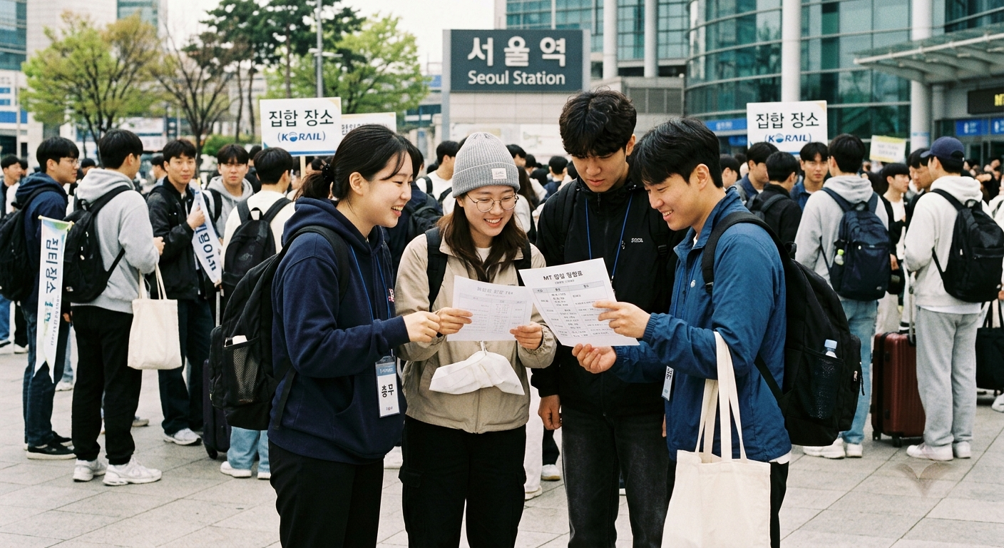 Retreat participants checking the day's schedule that the organizer handed out at the meeting point