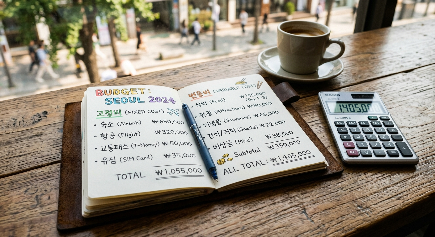 A travel budget notebook page splitting fixed and variable costs, with a calculator sitting next to it
