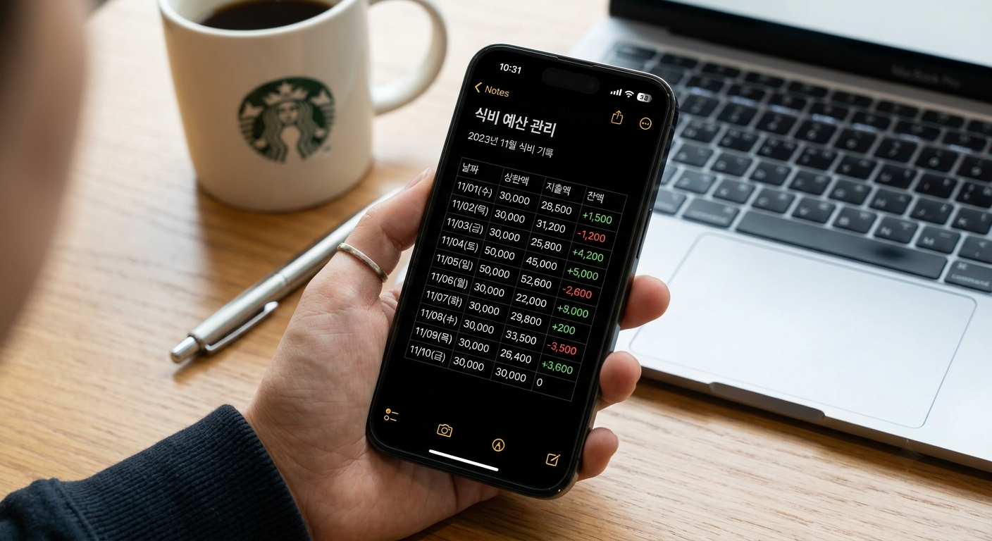 A smartphone notes app showing daily food spending caps lined up against each day's actual spending